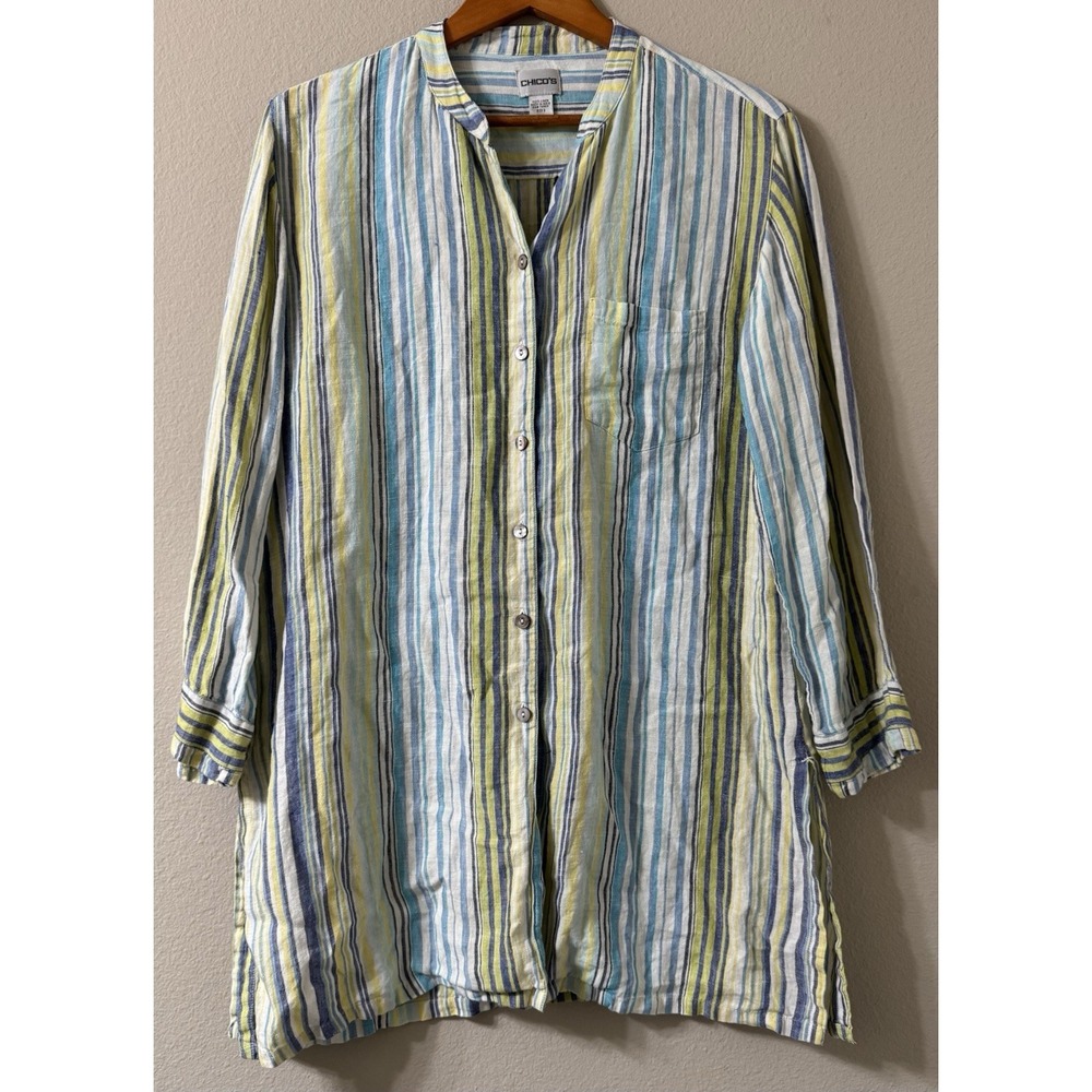 Chico's Women's 2 Large 100% Linen Striped Shirt Dress Resort Wear Side Slit